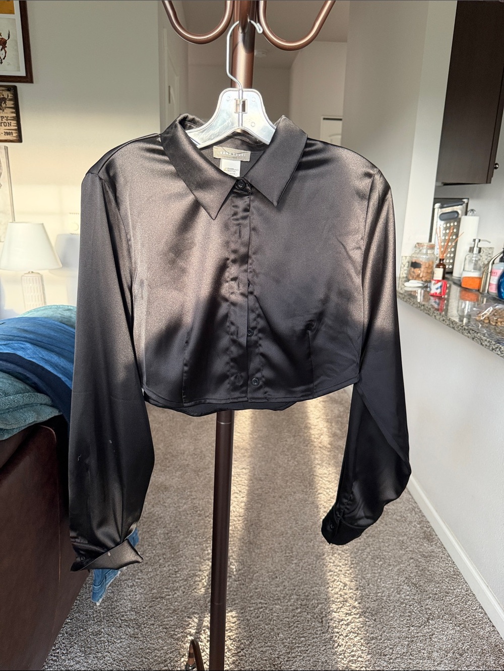 Black Satin Crop Button-Up Shirt